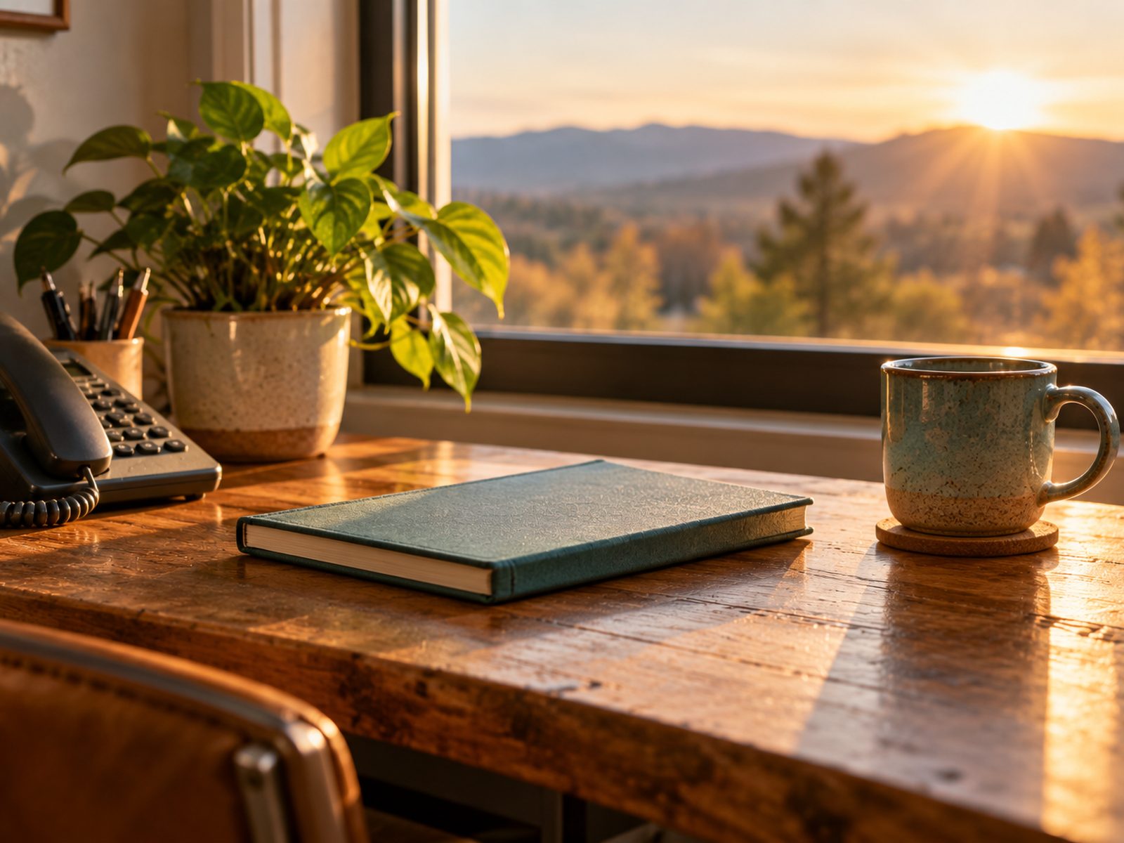 A tidy desk with a phone, notebook, and a window with morning light