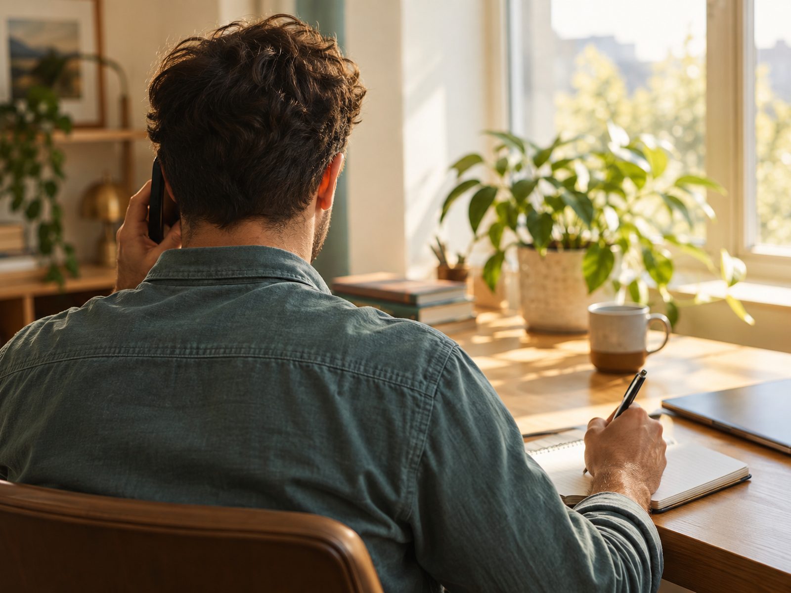 A person at a desk taking a phone call in a bright workshop office