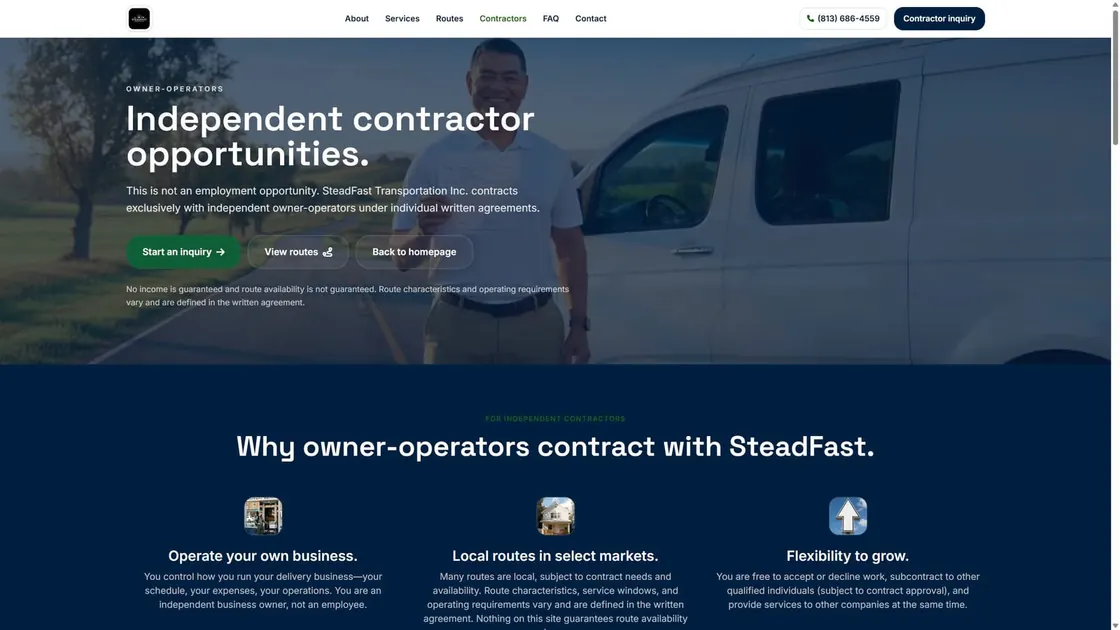 Live site we built for SteadFast Transportation Inc., at steadfasttransportationinc.com.