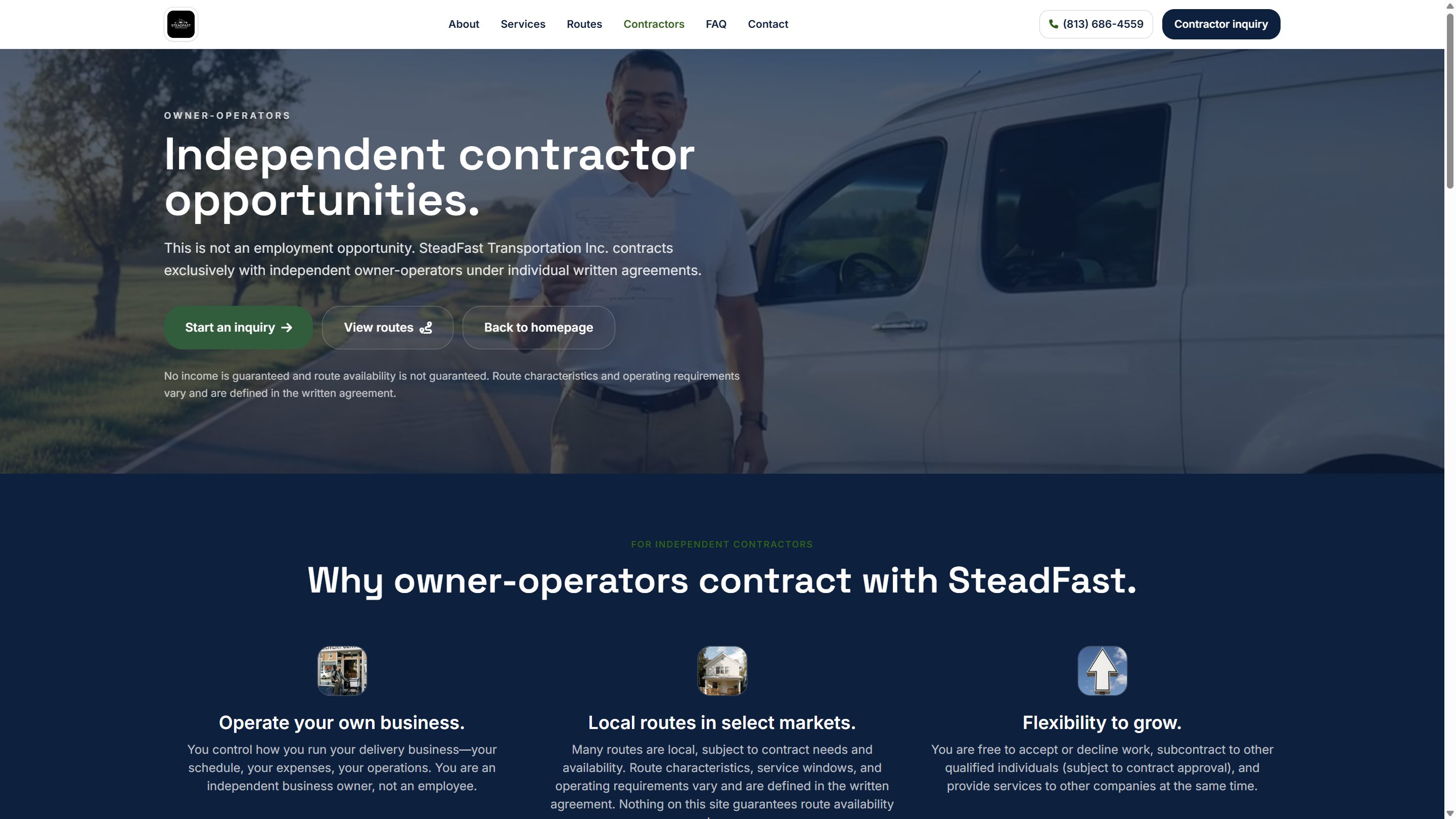 Screenshot of the SteadFast Transportation Inc. contractors page.