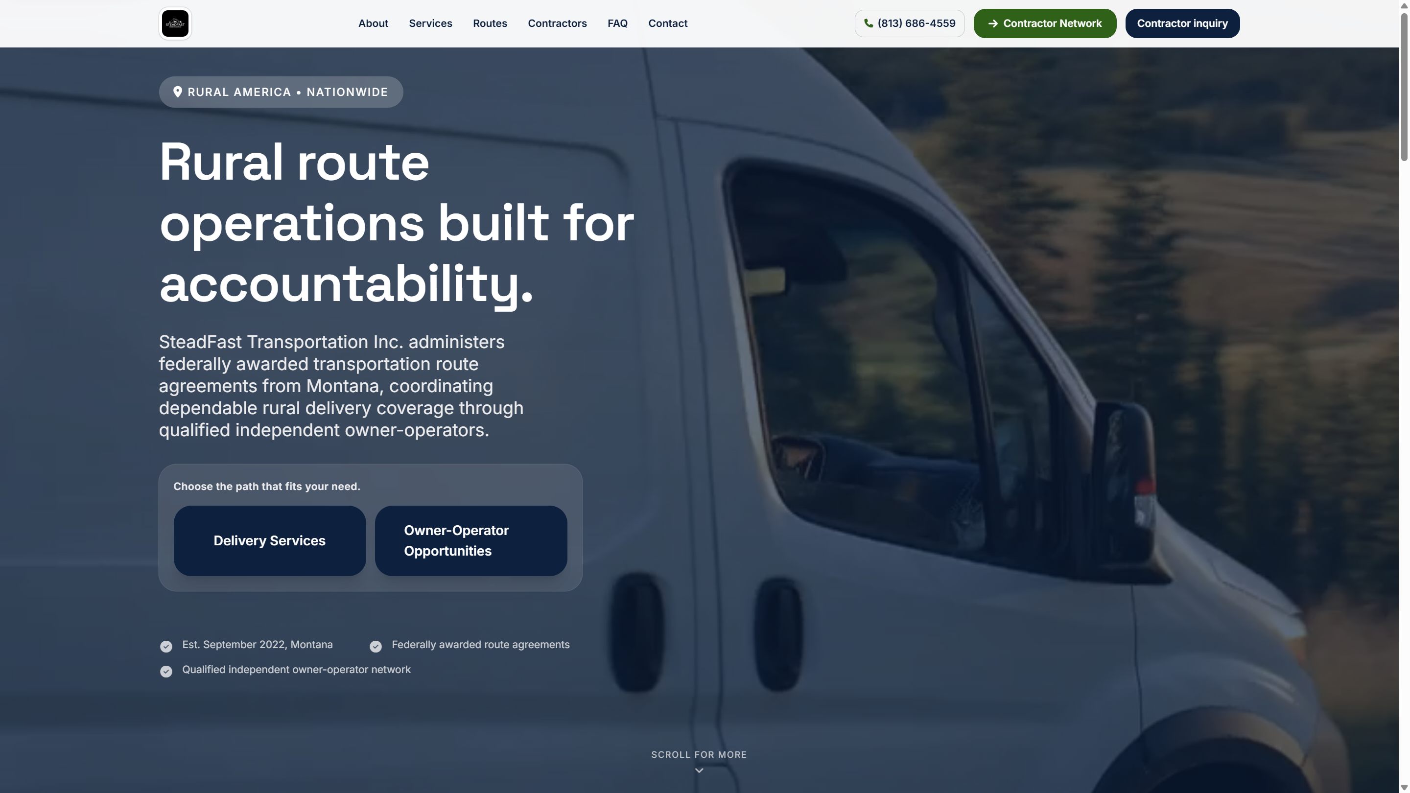Screenshot of steadfasttransportationinc.com home page — a rural transportation company site built by Doyel Labs.